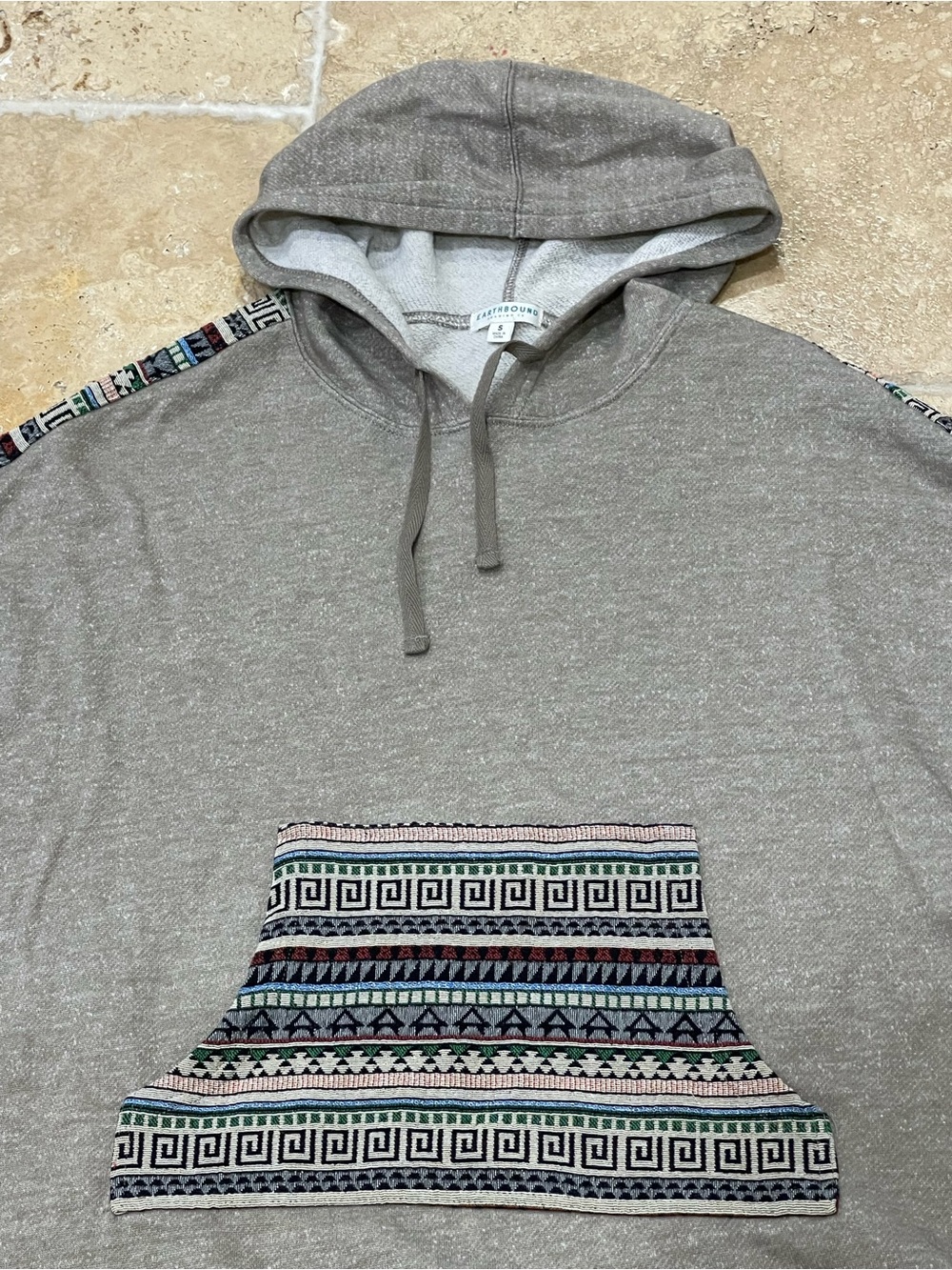 Earthbound Gray Aztec Geometric Pocket Hoodie Drawstring Relaxed Fit S Women
